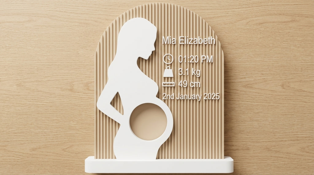 Pregnancy silhouette ultrasound frame displayed on a shelf