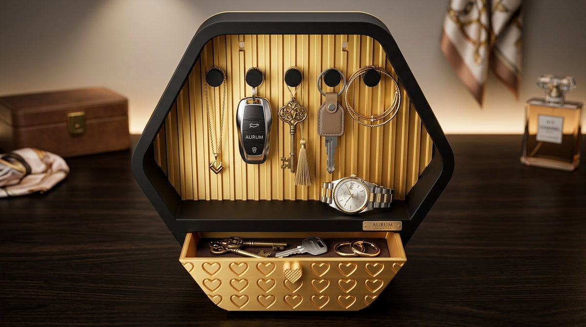 Hexagon Key Holder with Drawer – Black & Gold