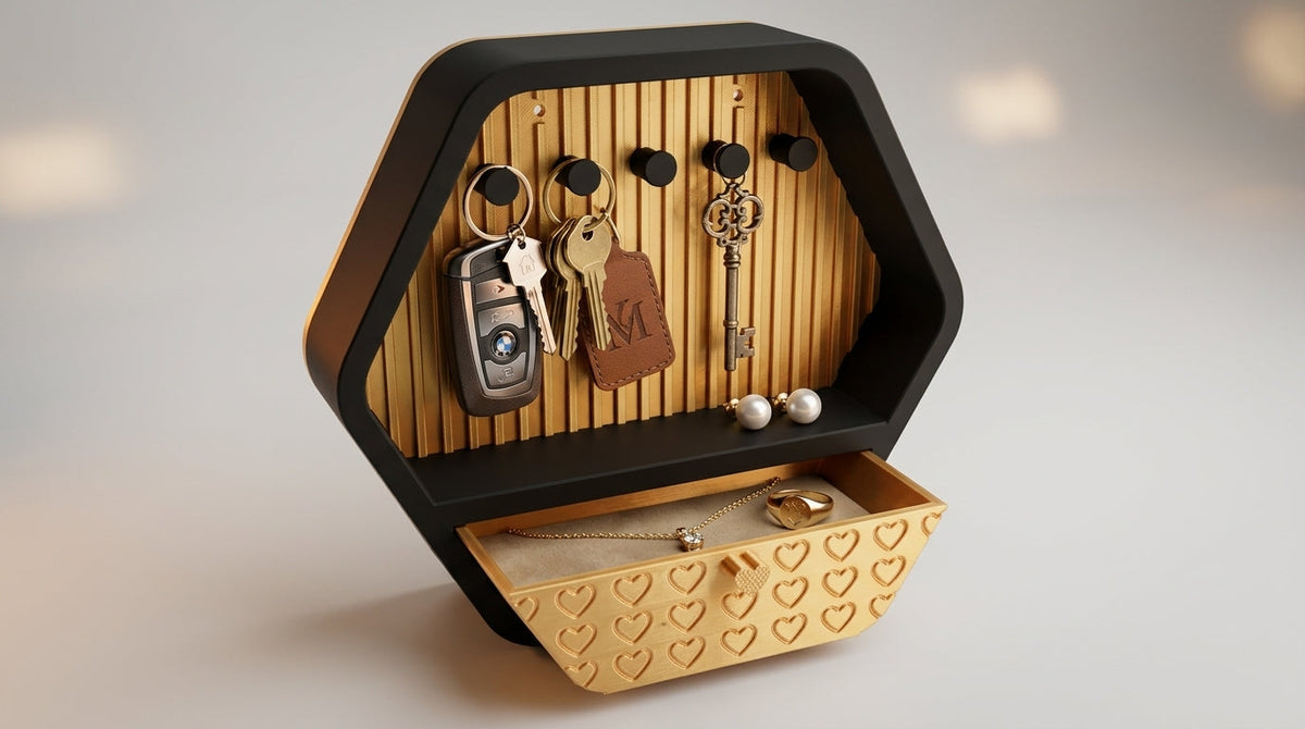 Hexagon Key Holder with Drawer – Black & Gold