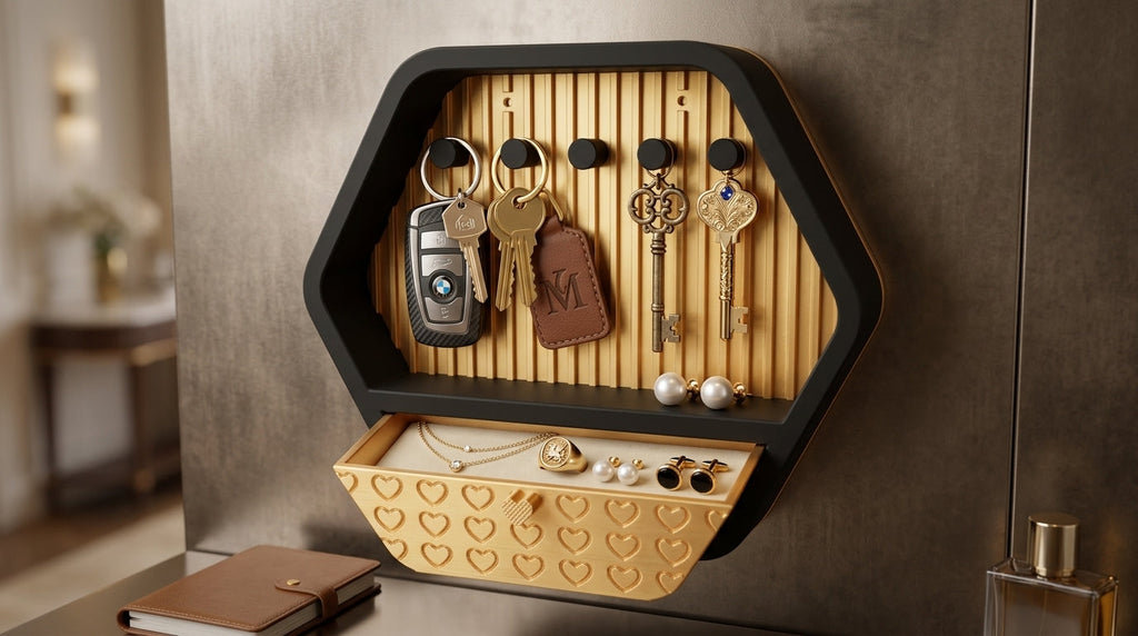 Hexagon Key Holder with Drawer – Black & Gold