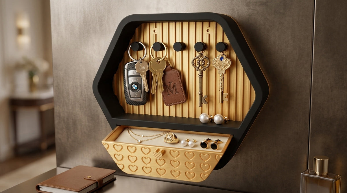 Hexagon Key Holder with Drawer – Black & Gold