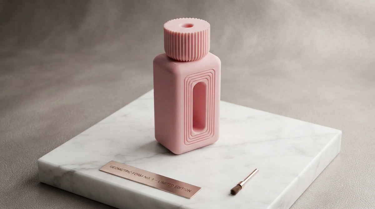 Pink geometric window vase on marble slab with engraved label