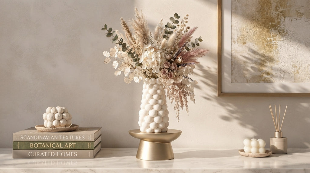 White bubble vase with a full dried floral arrangement in a home interior