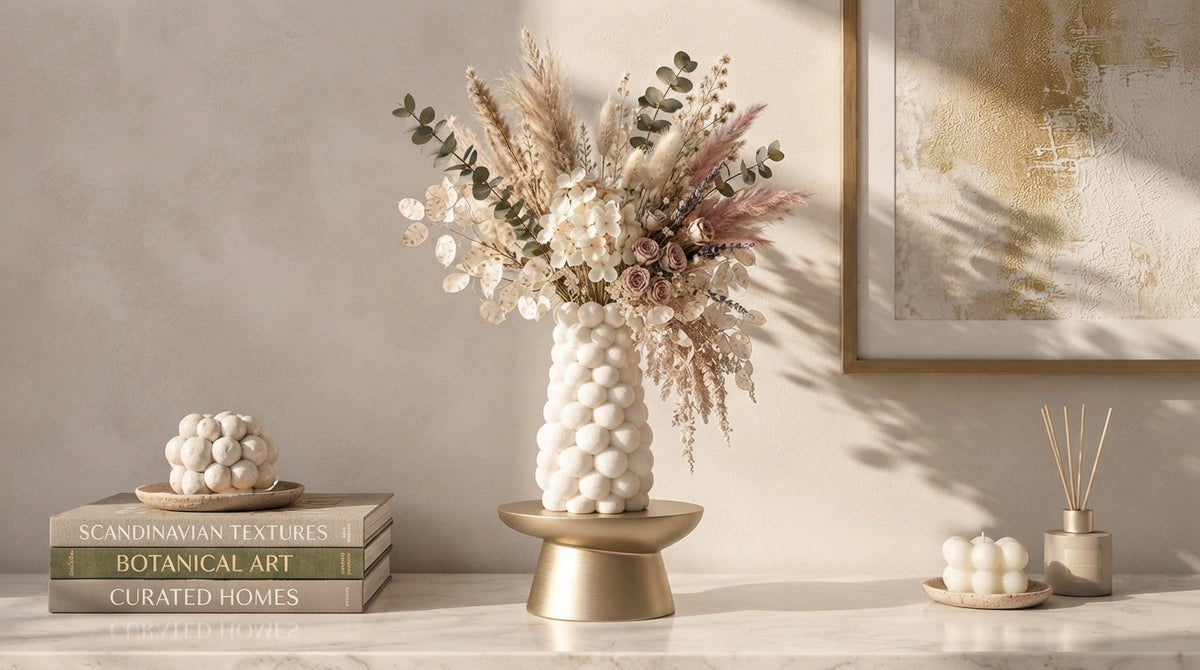 White bubble vase with a full dried floral arrangement in a home interior