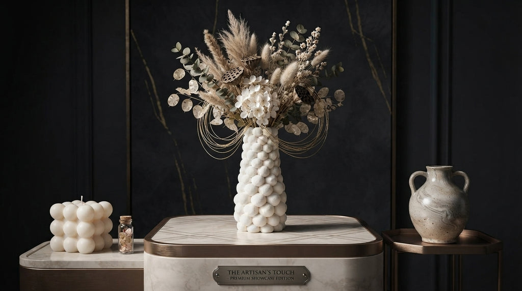 White bubble vase with flowers displayed in a glass case