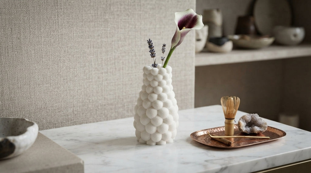 White bubble vase with flowers displayed on a wooden stand
