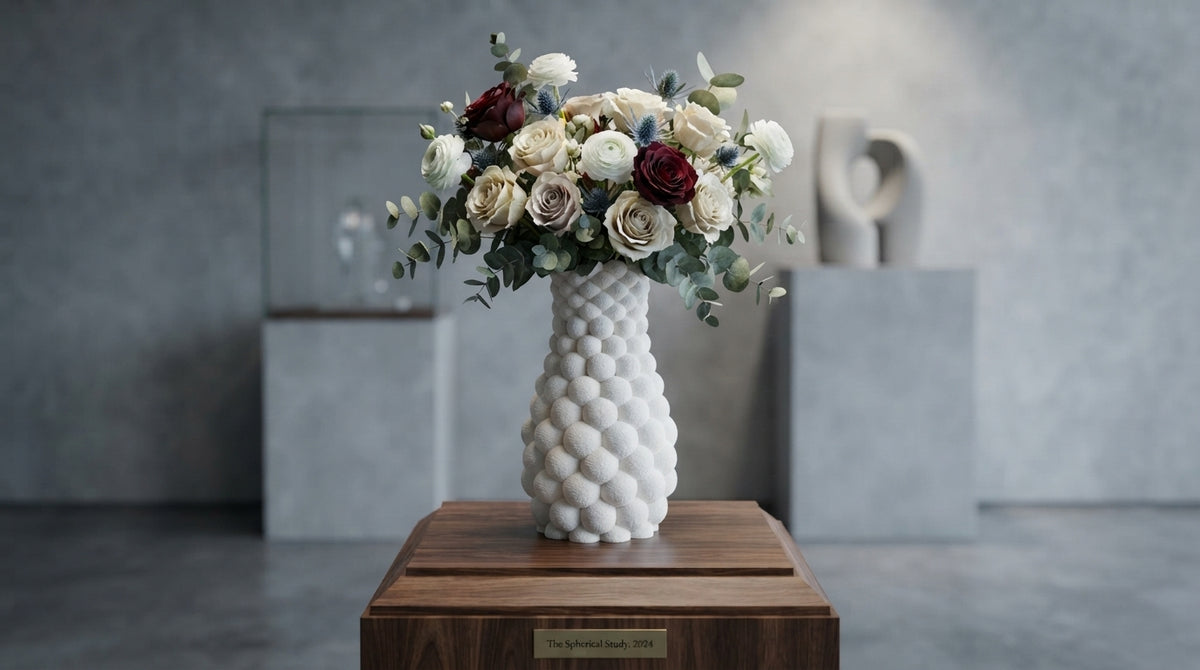 White bubble vase with flowers styled in a dark premium interior