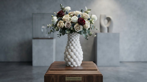White bubble vase with flowers styled in a dark premium interior