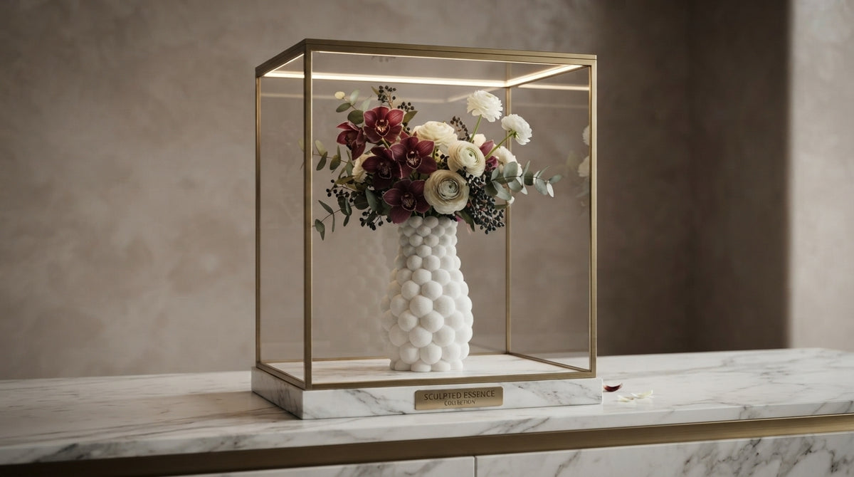 White bubble vase with a single flower styled on a home table