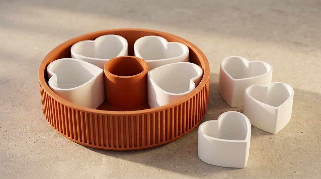 Terracotta ribbed heart snack platter with removable bowls