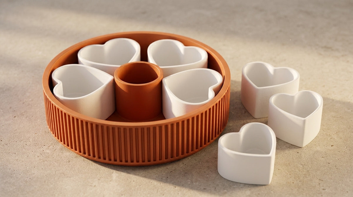 Terracotta ribbed heart snack platter with removable bowls