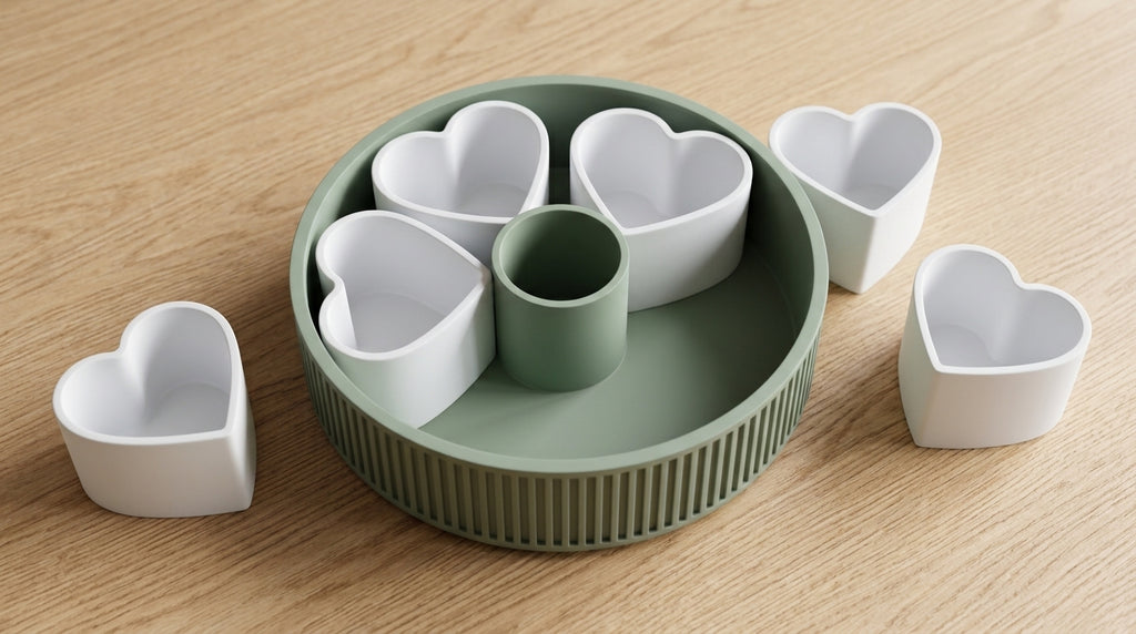 Heart-shaped snack platter displayed with removable bowls