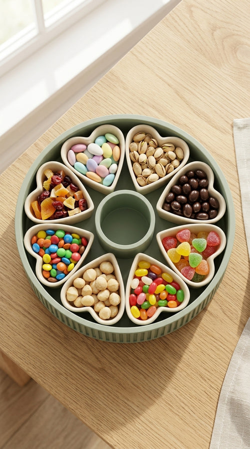 Heart-shaped snack platter filled with colourful sweets