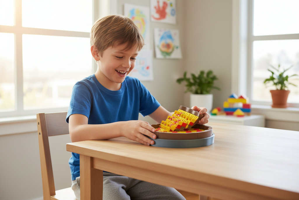 Boy playing pizza fidget puzzle at table