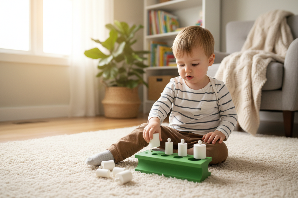 Child concentrating with green Montessori cylinder toy
