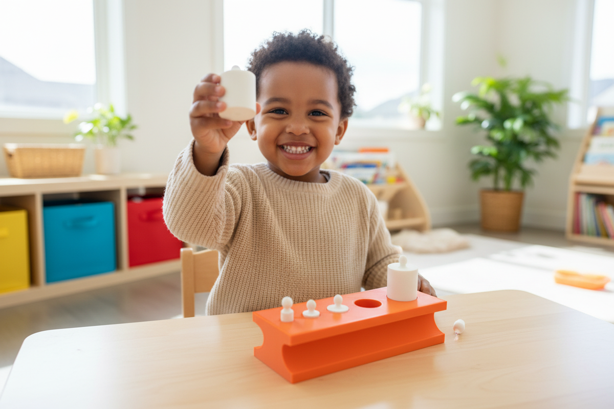 Child holding orange Montessori cylinder toy