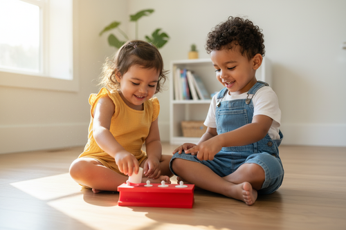 Children playing with red Montessori cylinder block toy