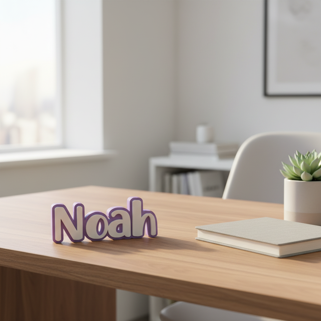 Purple and white personalised desk name sign reading Noah in a home office