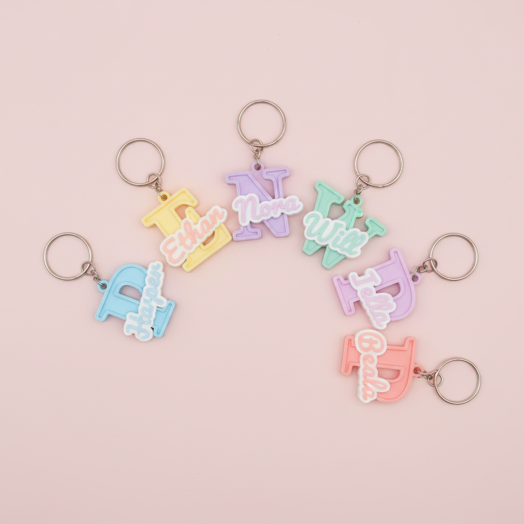 Colourful fan arrangement of personalised initial and name keyrings