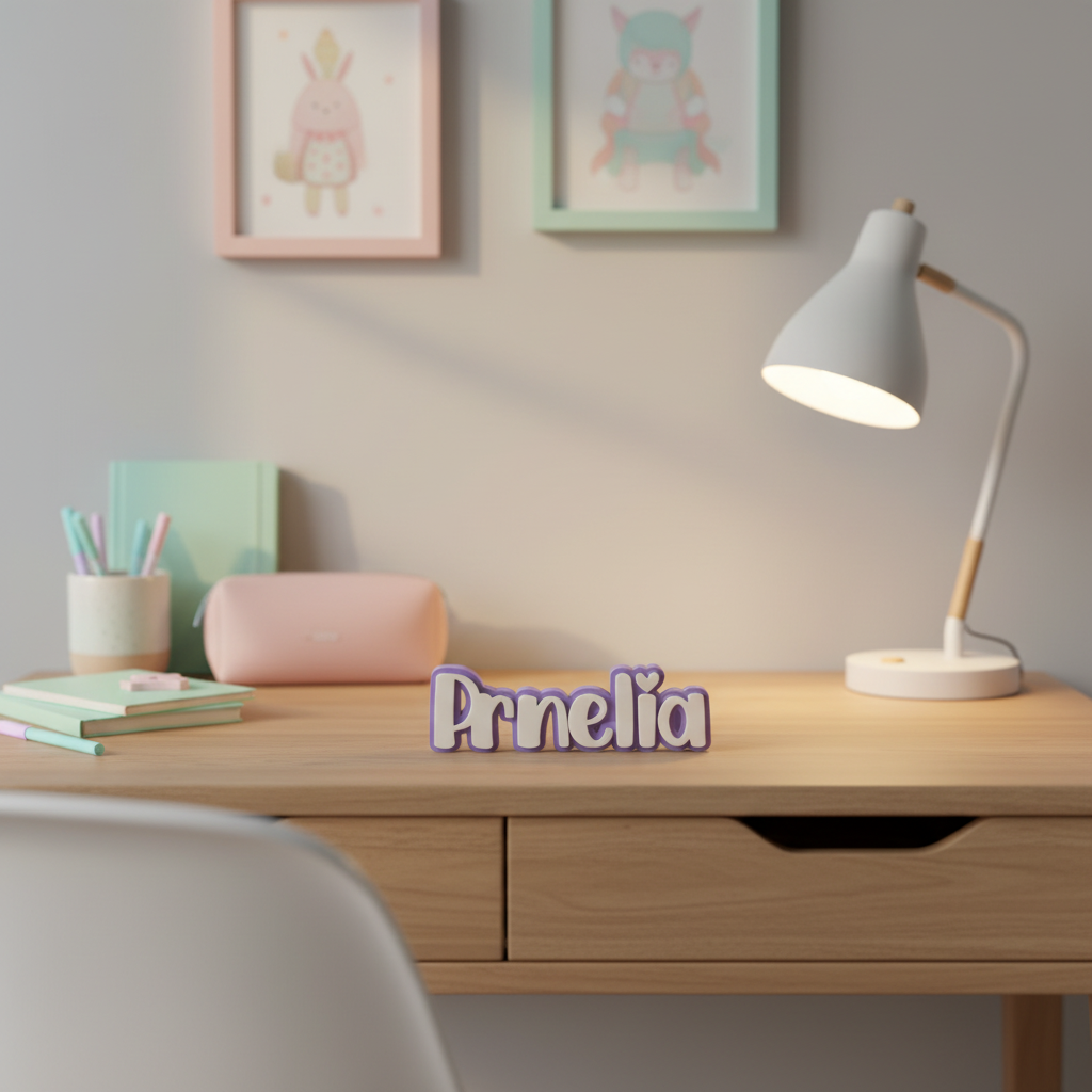 Purple and white personalised desk name sign reading Amelia in a child bedroom study space