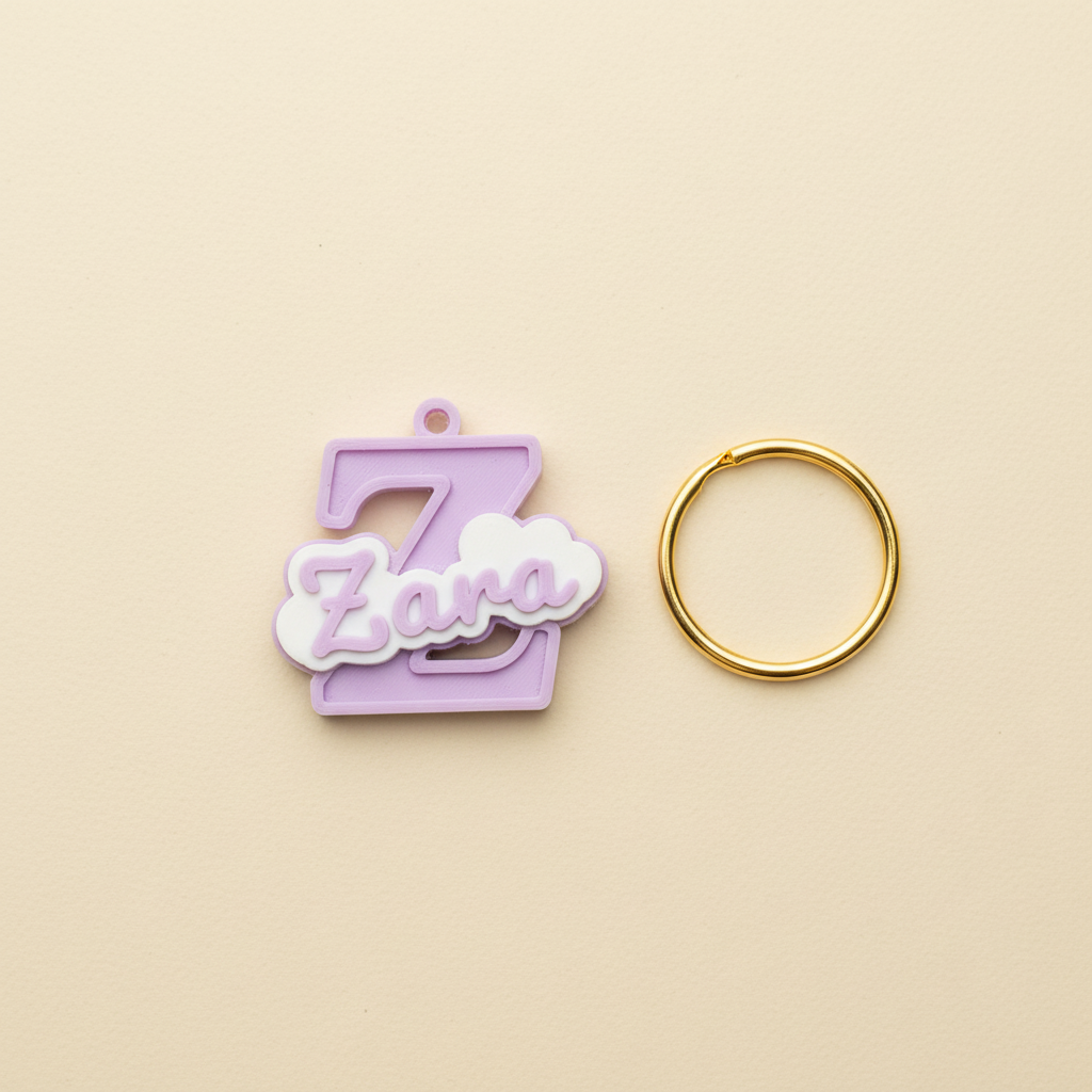 Lilac personalised initial and name keyring featuring the letter Z and the name Zara