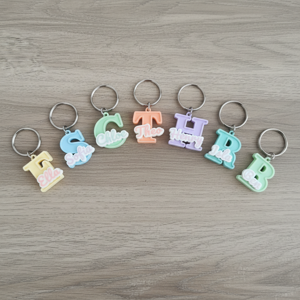 Colourful flat lay of personalised initial and name keyrings with different sample names