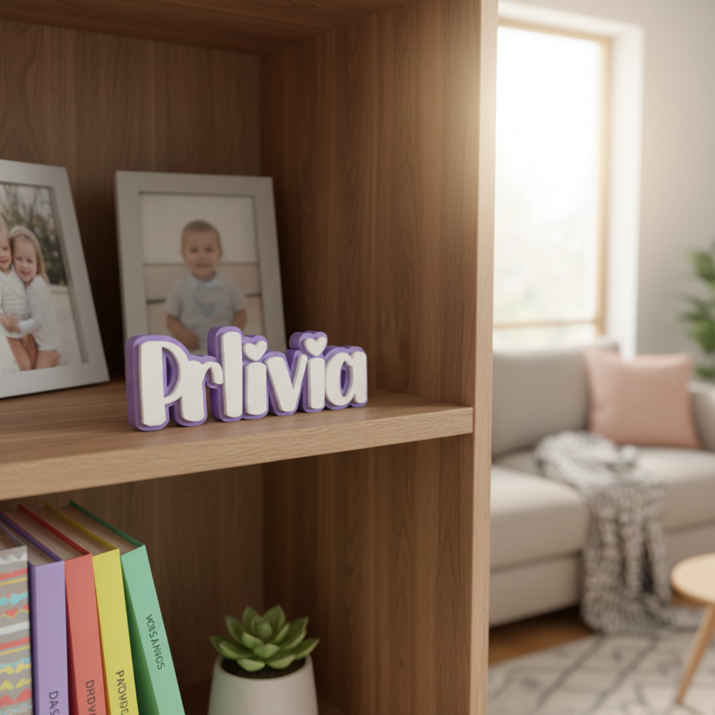 Purple and white personalised desk name sign reading Olivia on a shelf in a family room
