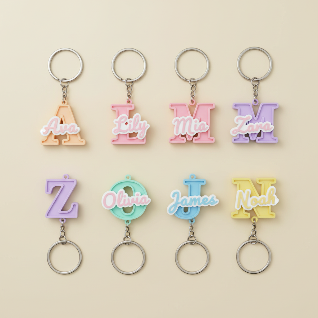 Colourful collection of personalised initial and name keyrings with different sample names