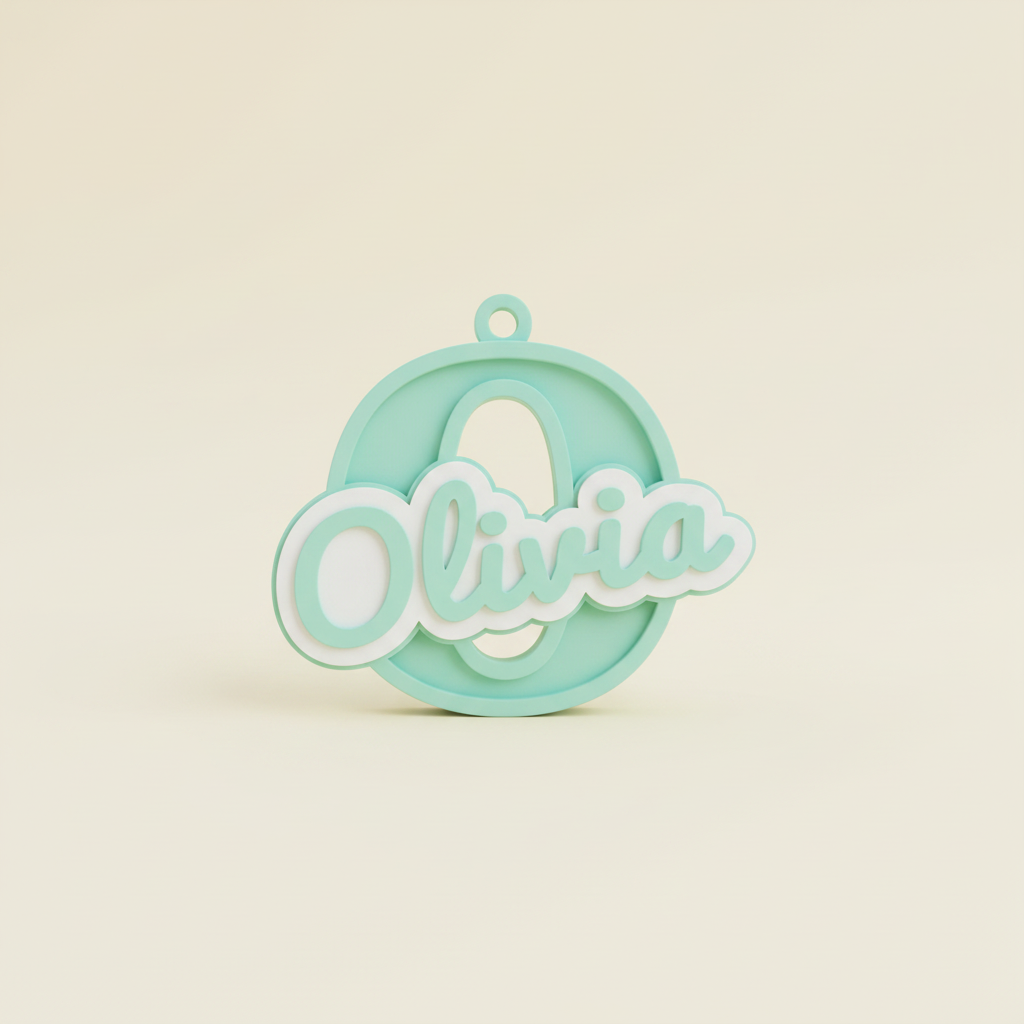 Mint personalised initial and name keyring featuring the letter O and the name Olivia