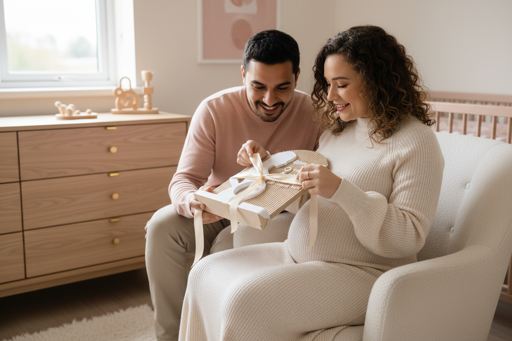 Maternity gift moment in a nursery