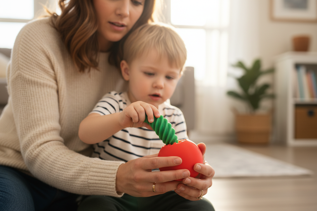 Parent and child engaging with Tomato Twist fidget toy