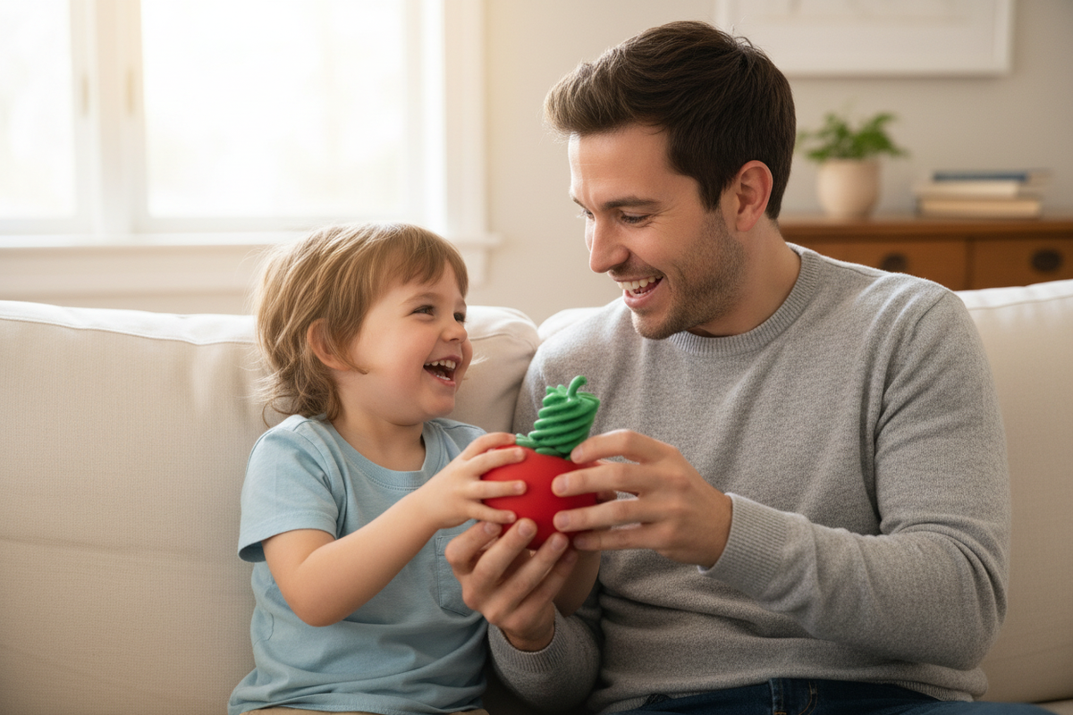Parent and child playing with Tomato Twist fidget toy