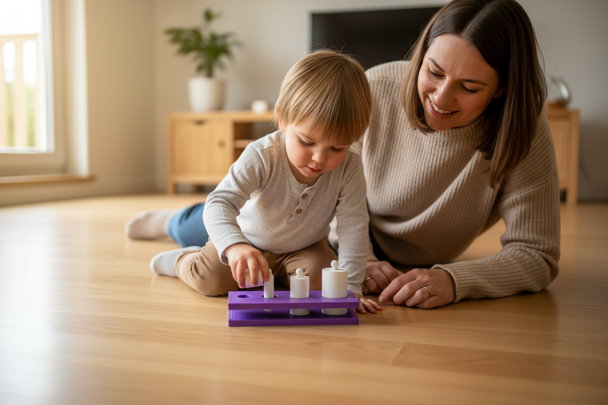 Parent and child with purple Montessori cylinder toy