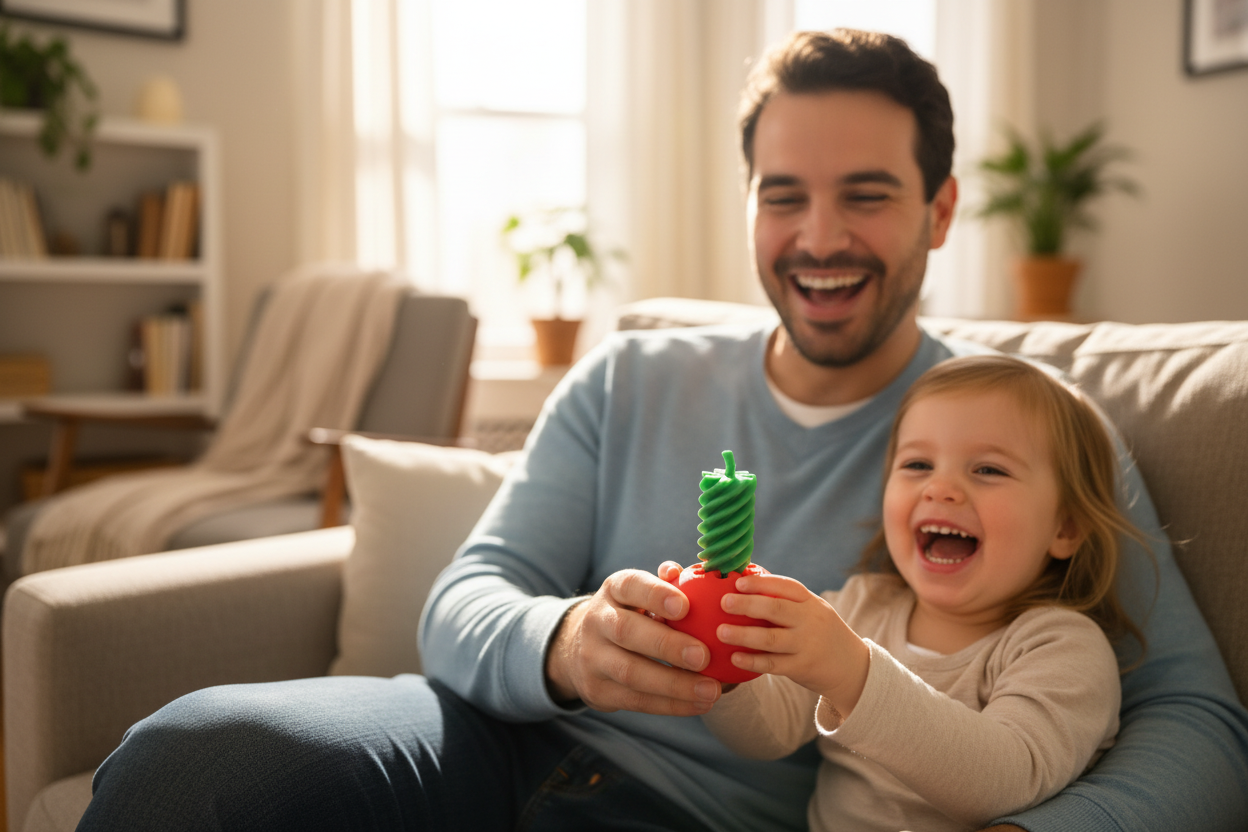Parent and child with Tomato Twist fidget toy prominently displayed
