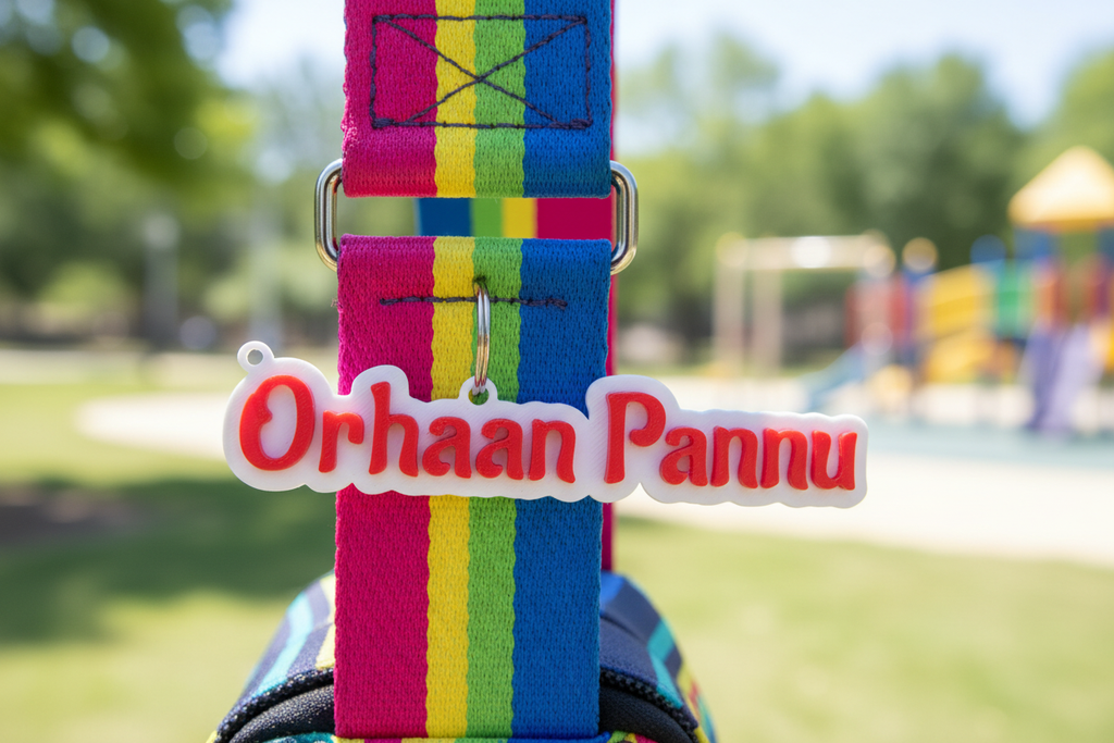 Red name keyring on bag