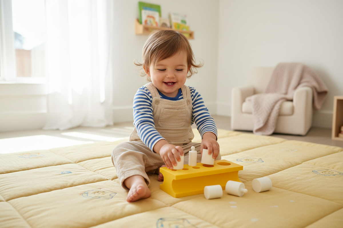 Toddler exploring yellow Montessori cylinder toy